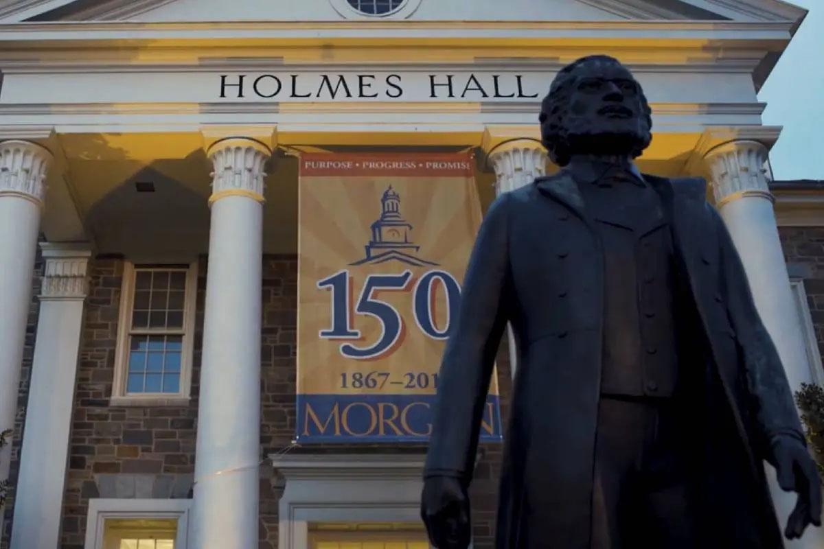 Douglas statue against Holmes Hall backdrop